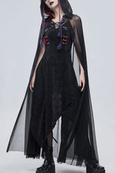 Black Punk Cross Leather Straps On Chest Design Metal Five-Pointed Star Decoration Long Hooded Women's Cape